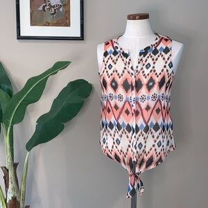 NWT Lucky Brand Ikat Print Sheer Tie Front Sleeveless Boho Blouse, Size XS
